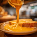 Thick, bright orange nacho cheese sauce being poured from a jar onto slices of toast on a plate.