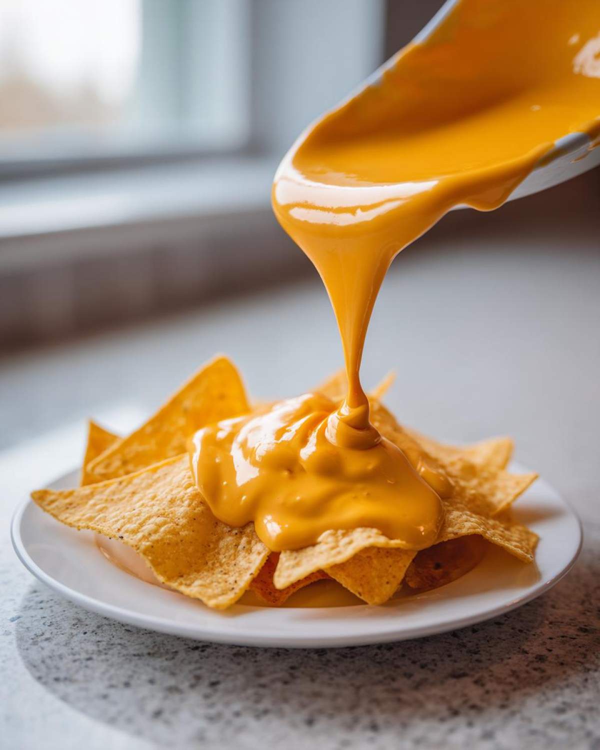 A close-up of thick, bright orange nacho cheese sauce being poured from a ladle onto a pile of tortilla chips.