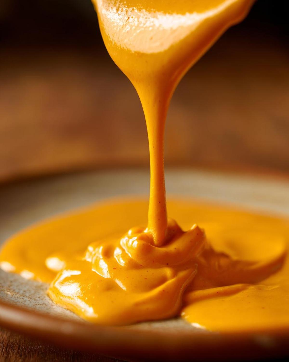 Close-up of thick, vibrant orange nacho cheese sauce being poured onto a plate.