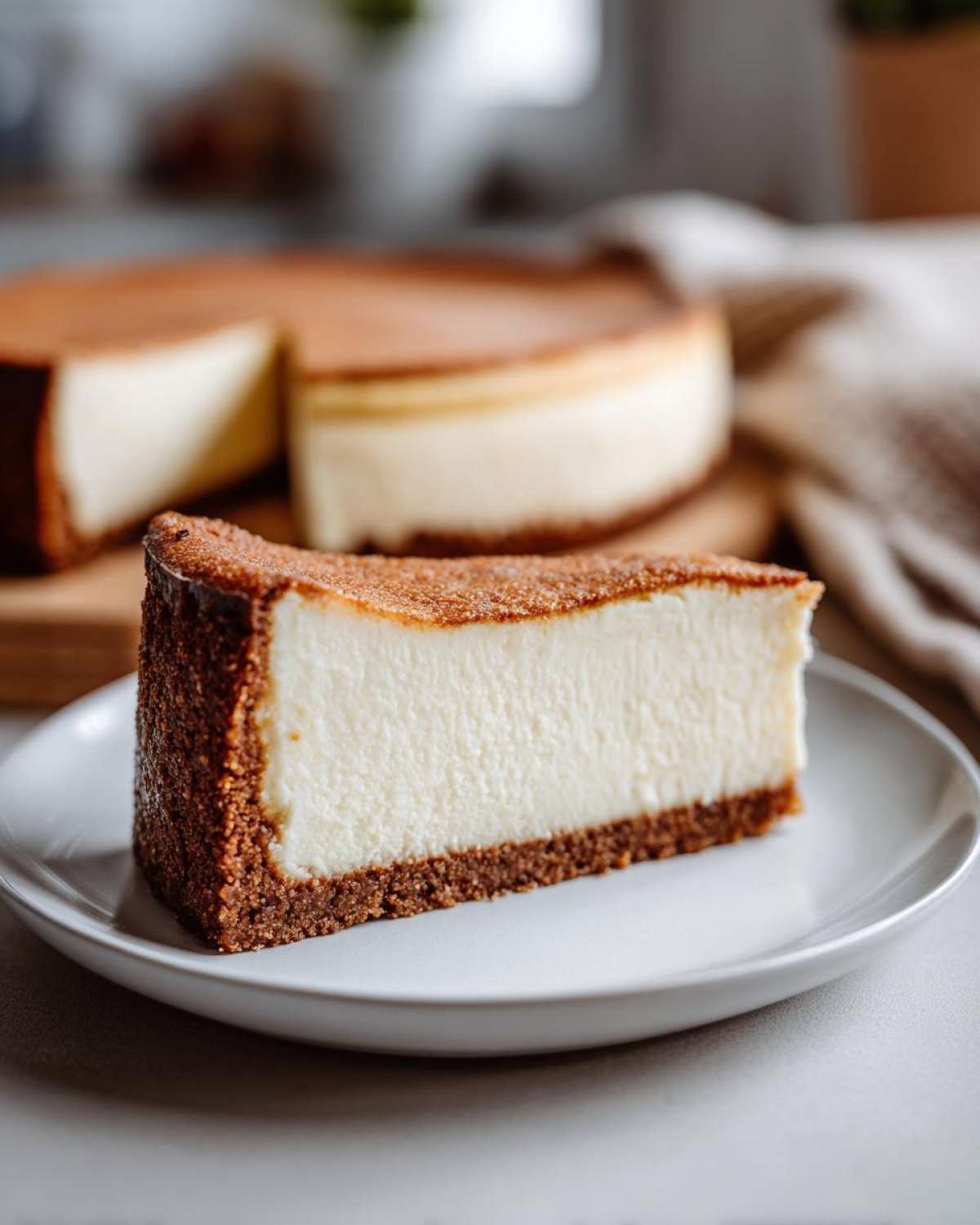 A thick slice of creamy Protein Cheesecake with a dark, crumbly crust, served on a white plate.