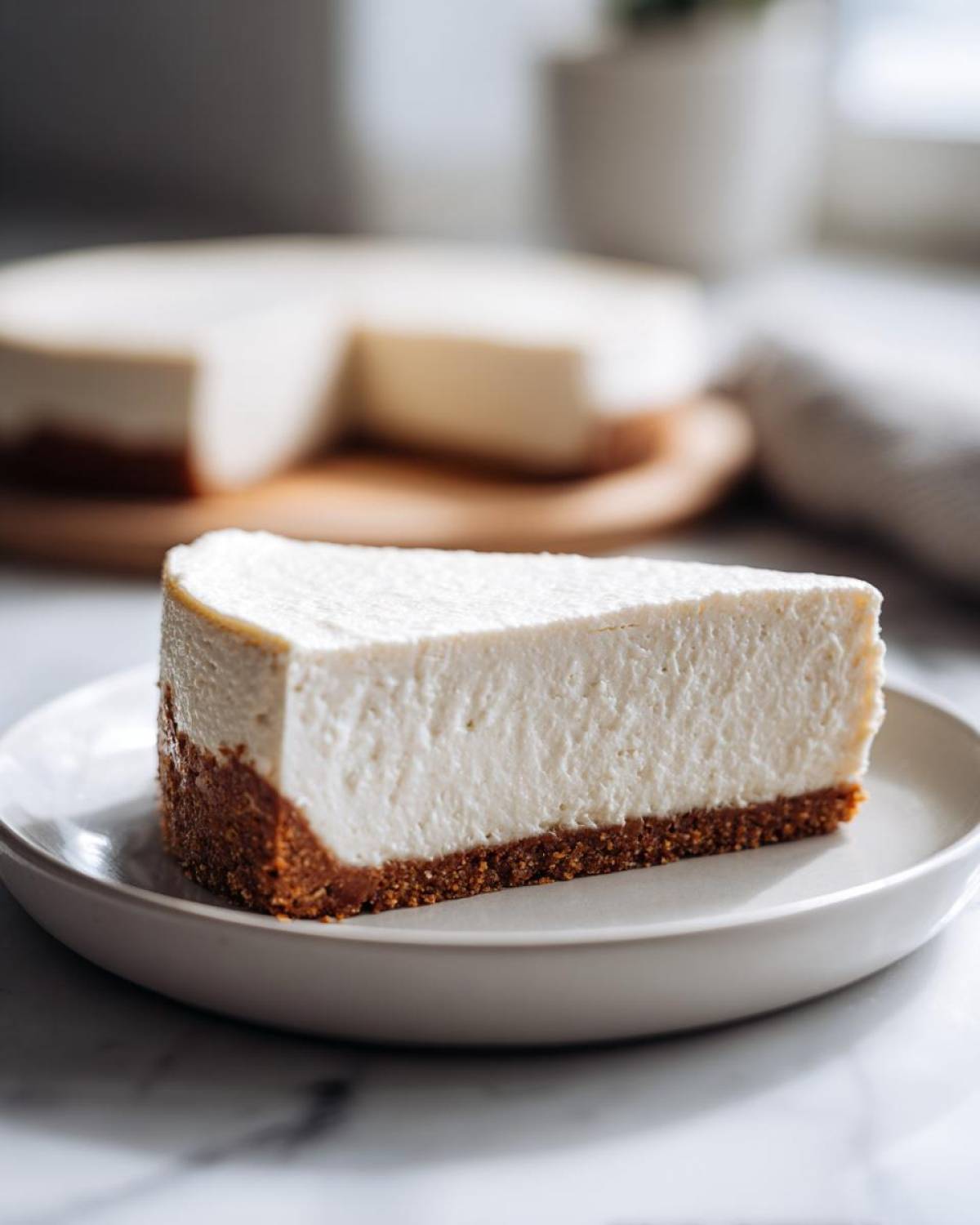 A perfect slice of creamy Protein Cheesecake with a thick graham cracker crust sits on a small white plate.