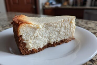 A thick slice of creamy Protein Cheesecake with a browned top edge and dark graham cracker crust on a white plate.