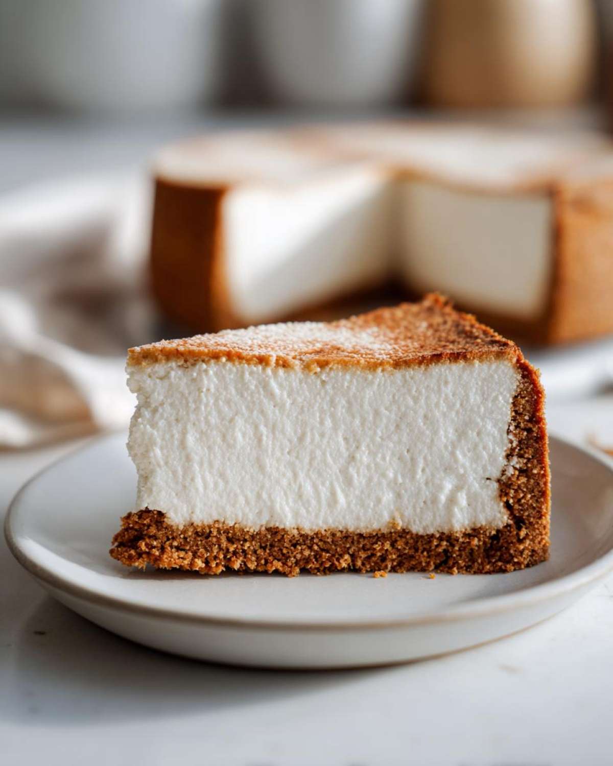 A close-up of a thick slice of Protein Cheesecake showing the creamy white filling and graham cracker crust.