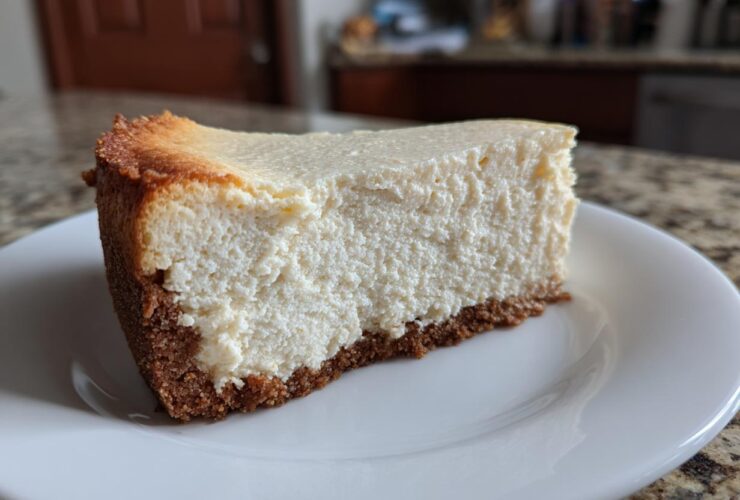 A thick slice of creamy Protein Cheesecake with a browned top edge and dark graham cracker crust on a white plate.