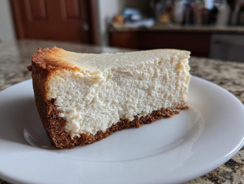 A thick slice of creamy Protein Cheesecake with a browned top edge and dark graham cracker crust on a white plate.