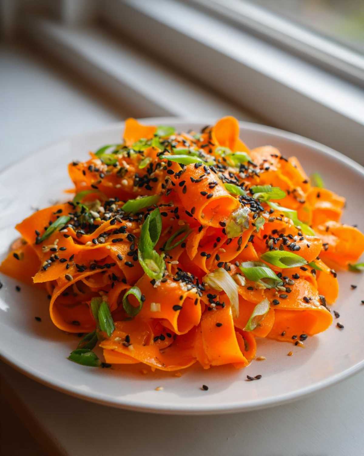 Close-up of a vibrant raw carrot salad featuring shaved carrot ribbons topped with black sesame seeds and green onions.