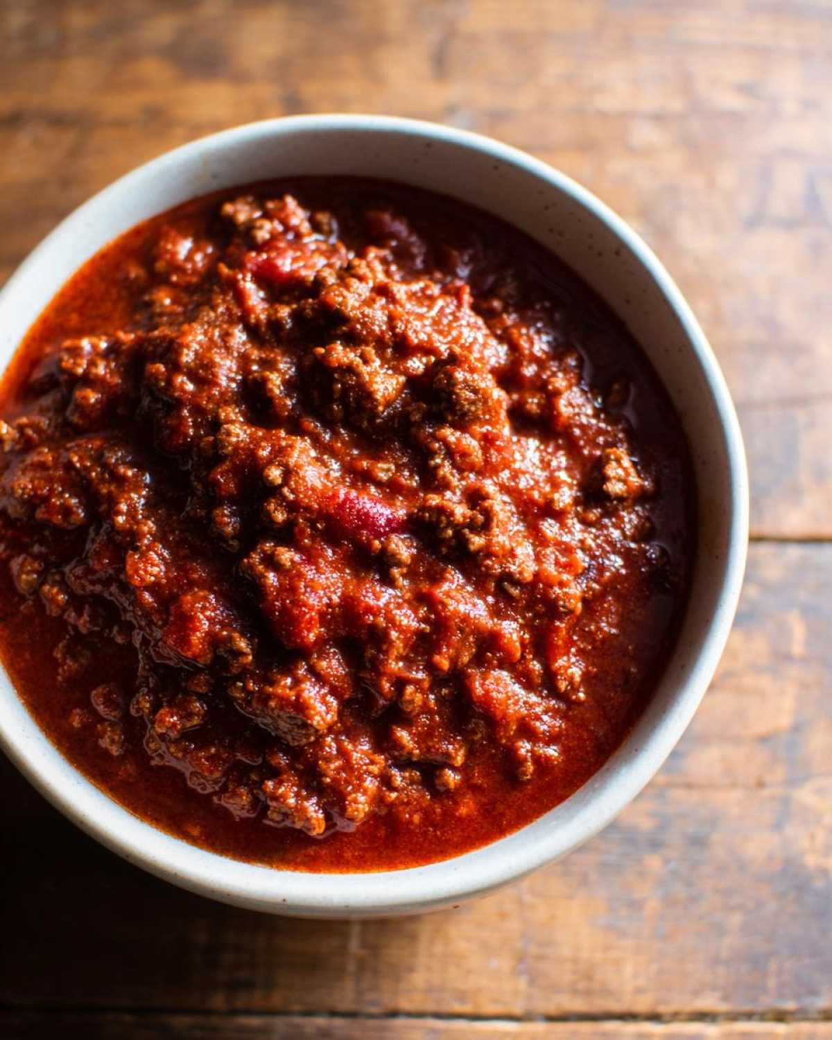 Overhead close-up of a hearty bowl filled with rich, dark red chili, showcasing the ground meat texture, part of the best chili recipe.