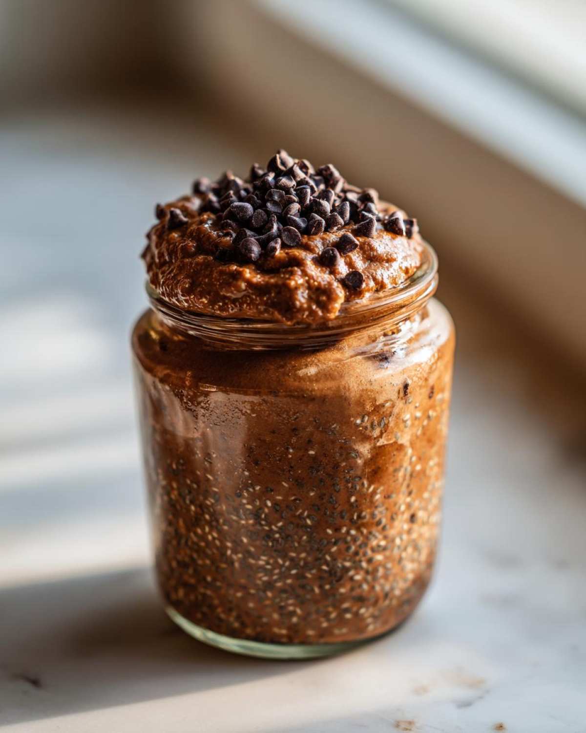 A glass jar filled with thick chocolate overnight oats, topped with a dollop of chocolate spread and mini chocolate chips.
