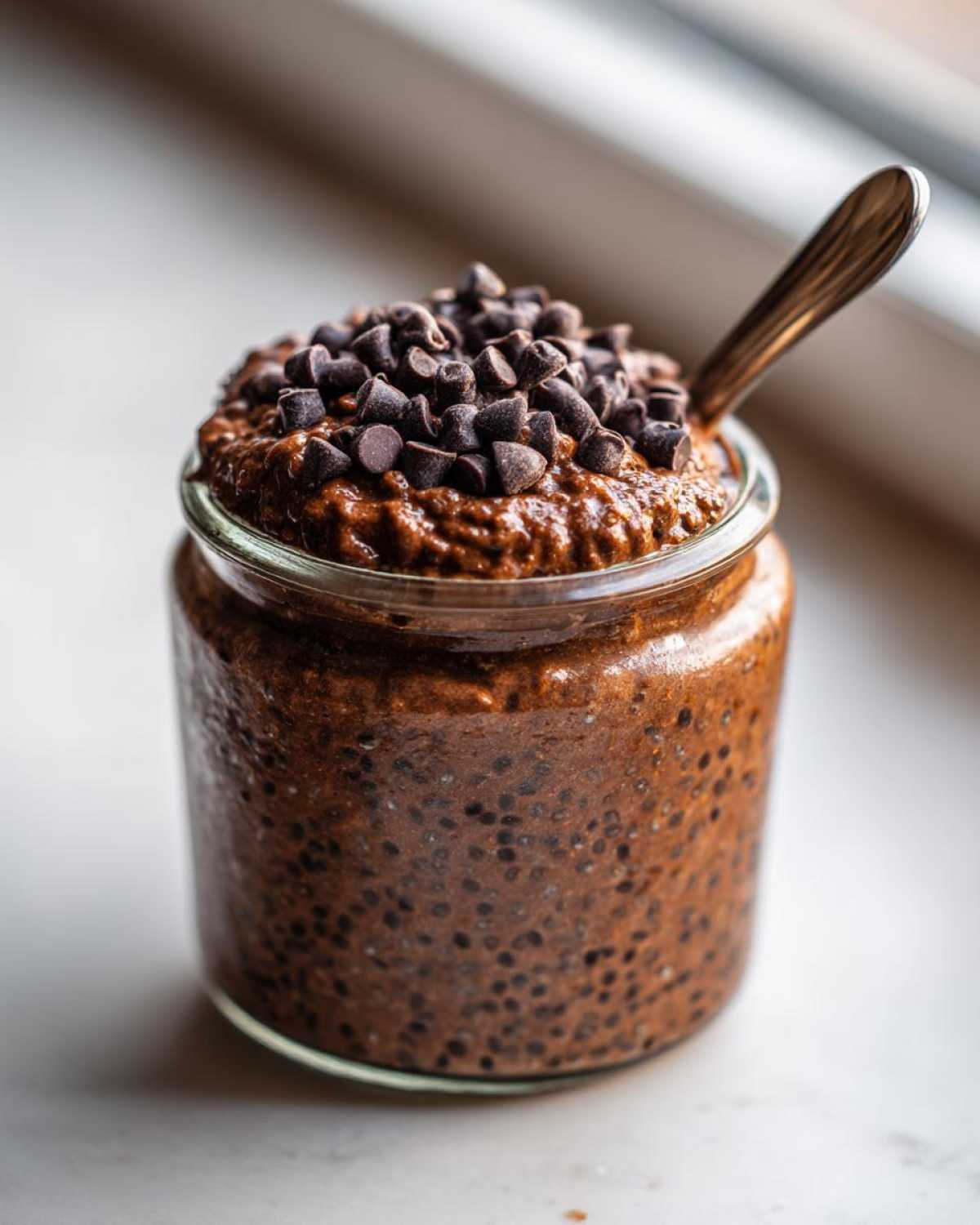 Close-up of rich chocolate overnight oats in a glass jar, topped generously with dark chocolate chips.