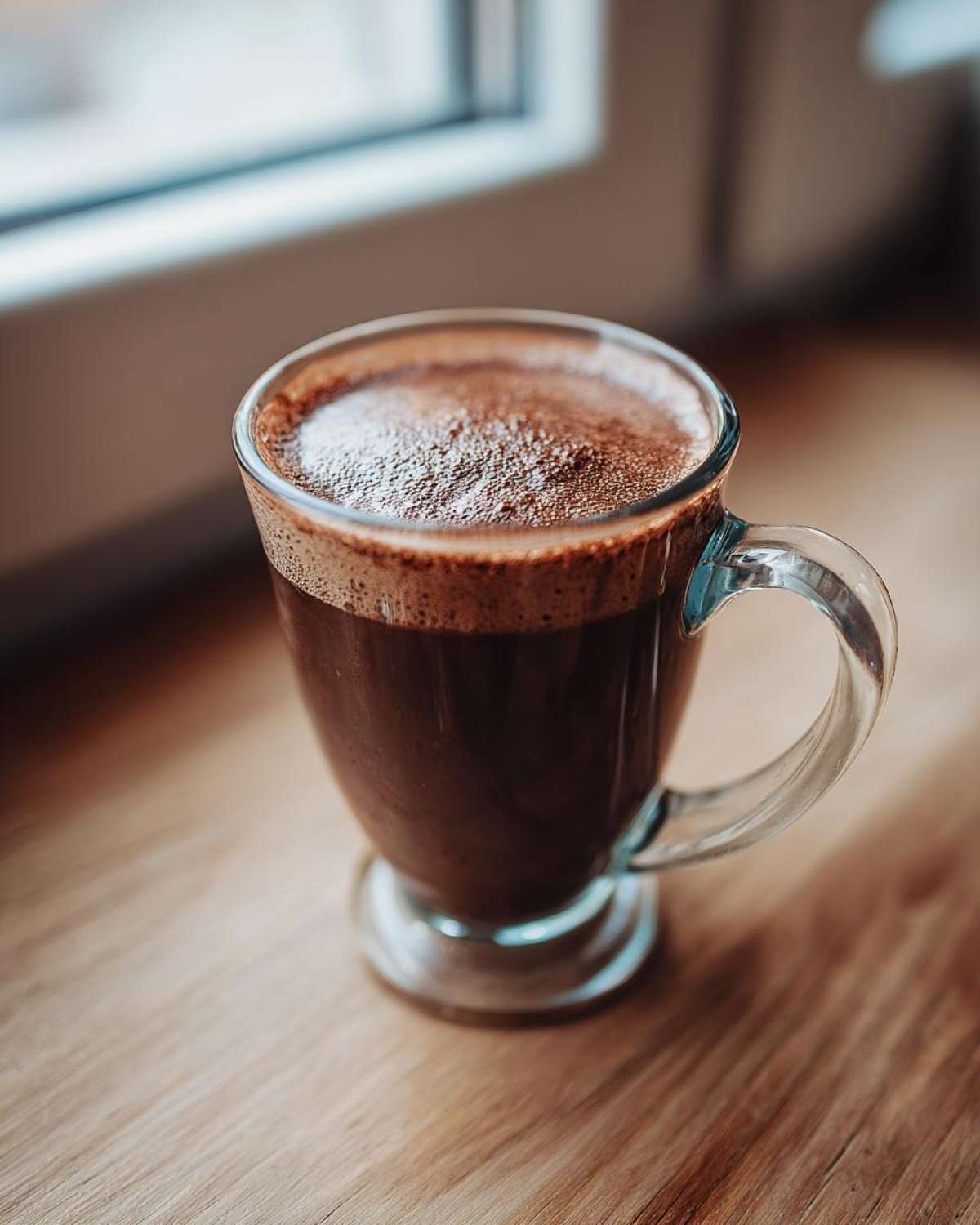 A close-up of a mug filled with rich, dark hot cocoa mix topped with foam, sitting on a wooden surface near a window.
