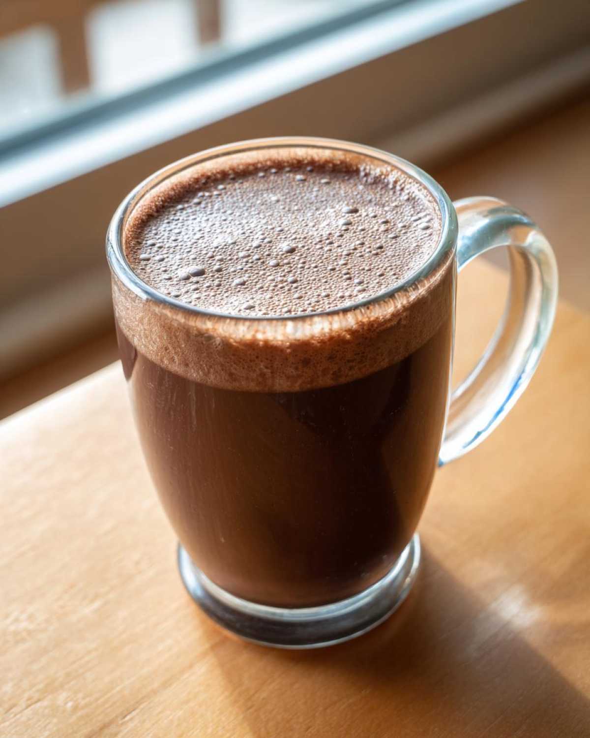 A clear glass mug filled with rich, dark hot cocoa mix beverage, sitting on a wooden surface near a window.