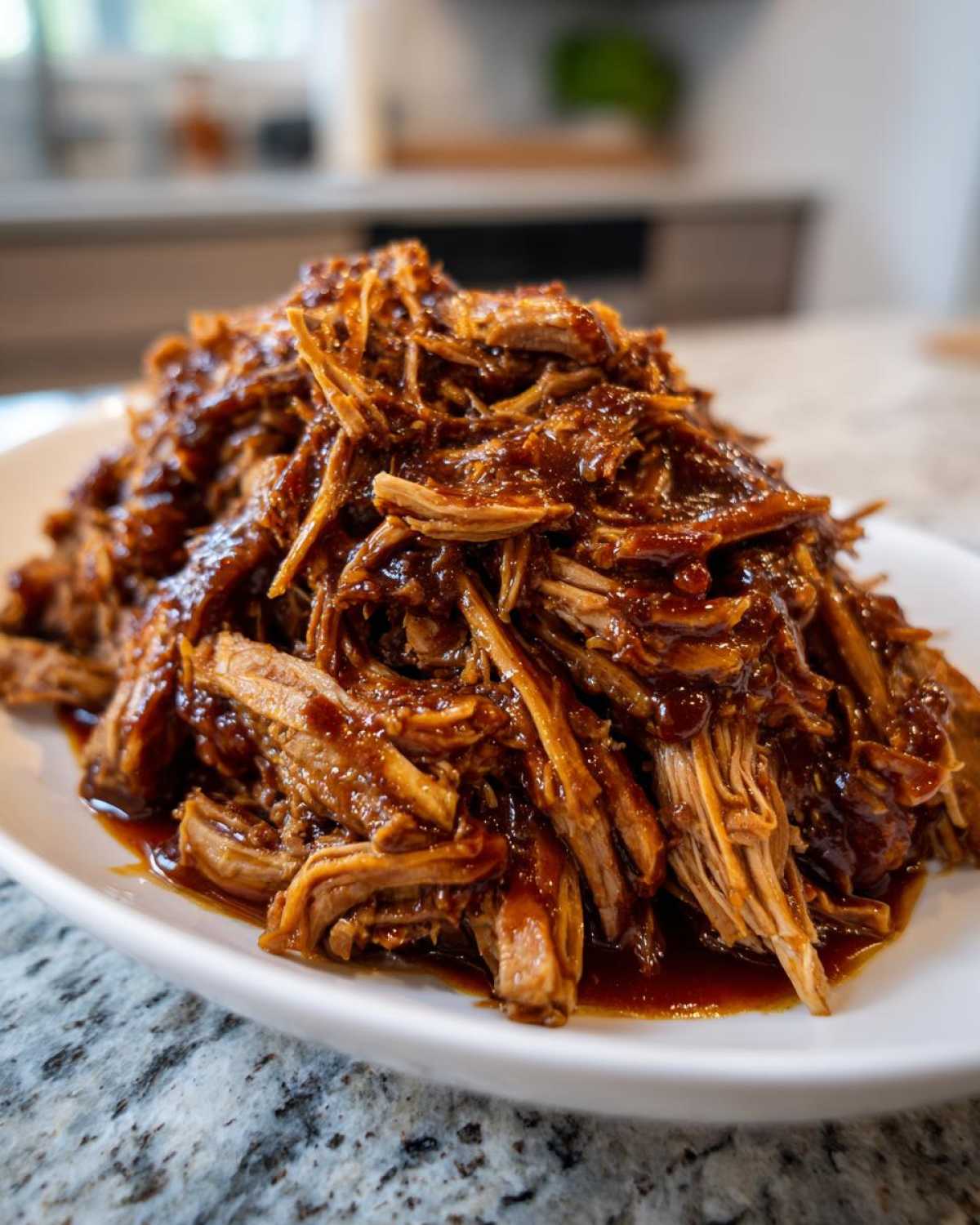 A close-up of a large mound of saucy, shredded crock pot pulled pork piled high on a white serving dish.