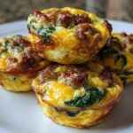 A stack of four savory Egg Muffin Cups filled with sausage and spinach on a white plate.
