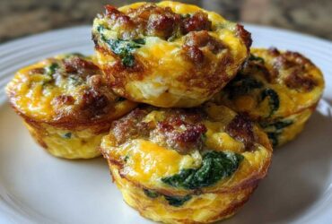 A stack of four savory Egg Muffin Cups filled with sausage and spinach on a white plate.