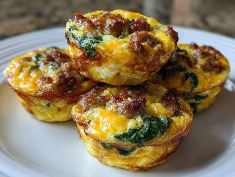 A stack of four savory Egg Muffin Cups filled with sausage and spinach on a white plate.