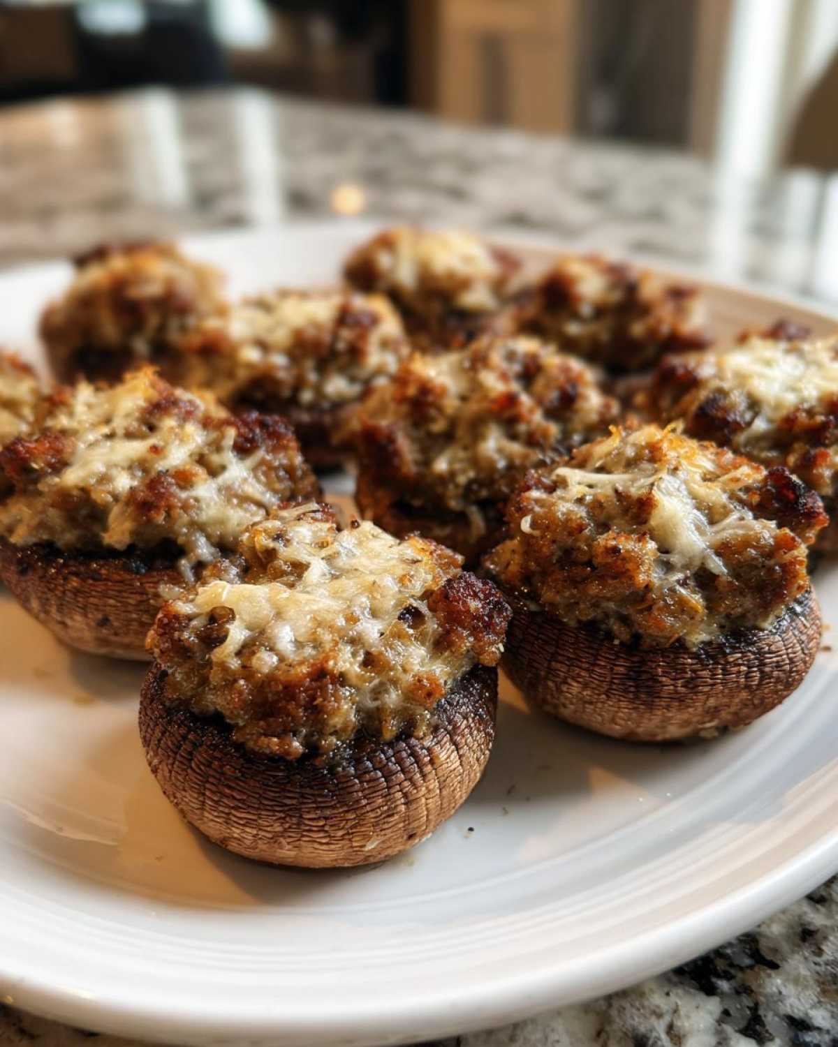 A close-up of several baked Sausage stuffed mushrooms topped with melted cheese, served on a white plate.