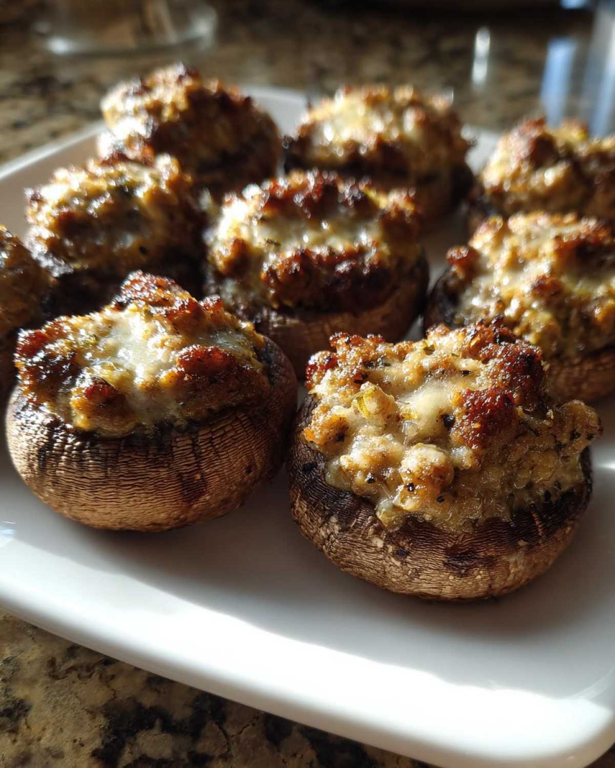 A close-up view of several perfectly baked Sausage stuffed mushrooms with browned, cheesy tops resting on a white serving platter.