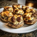 Close-up of several golden brown Sausage stuffed mushrooms topped with melted, browned cheese.