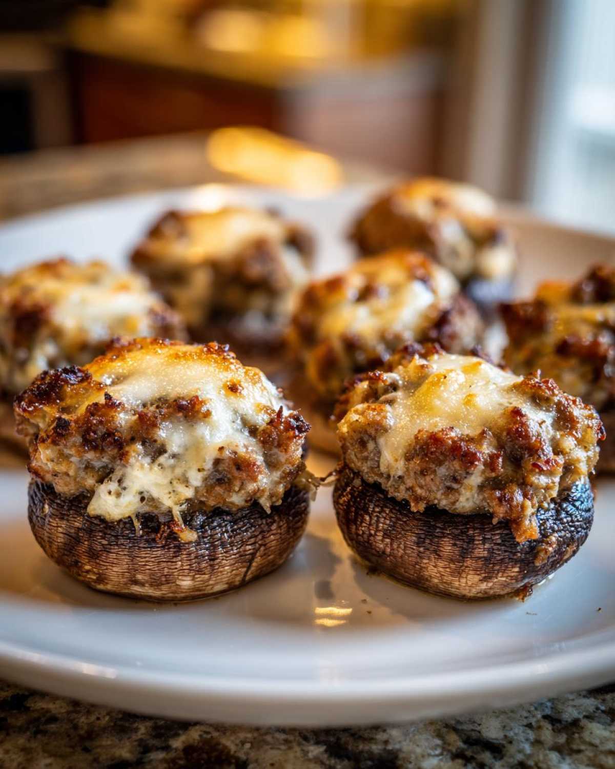 Two perfectly baked sausage stuffed mushrooms topped with browned, melted cheese, served on a white plate.