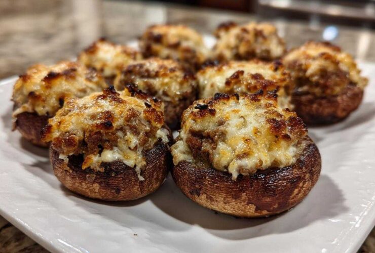 Close-up of several perfectly baked Sausage stuffed mushrooms topped with melted, browned cheese.