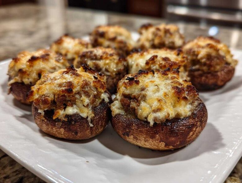 Close-up of several perfectly baked Sausage stuffed mushrooms topped with melted, browned cheese.