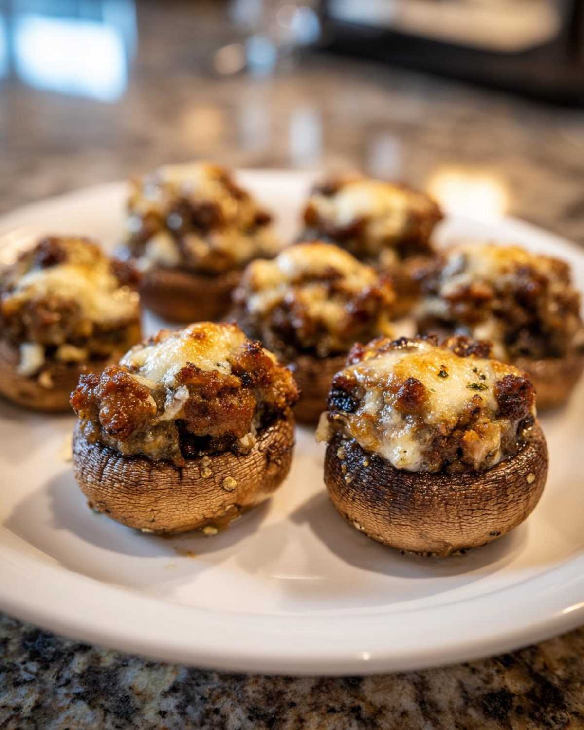 Close-up of several golden-brown sausage stuffed mushrooms topped with melted, bubbly cheese, served on a white plate.