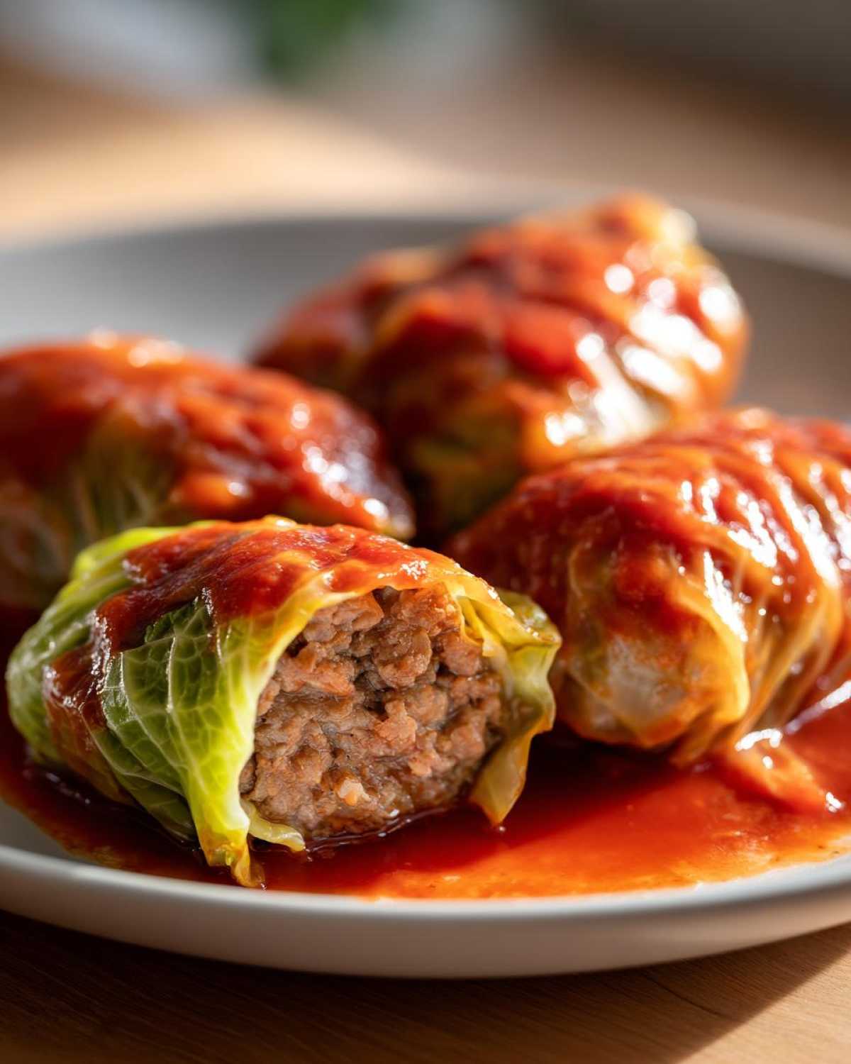 A close-up of four savory cabbage rolls smothered in bright red tomato sauce, one roll cut open showing the meat filling.