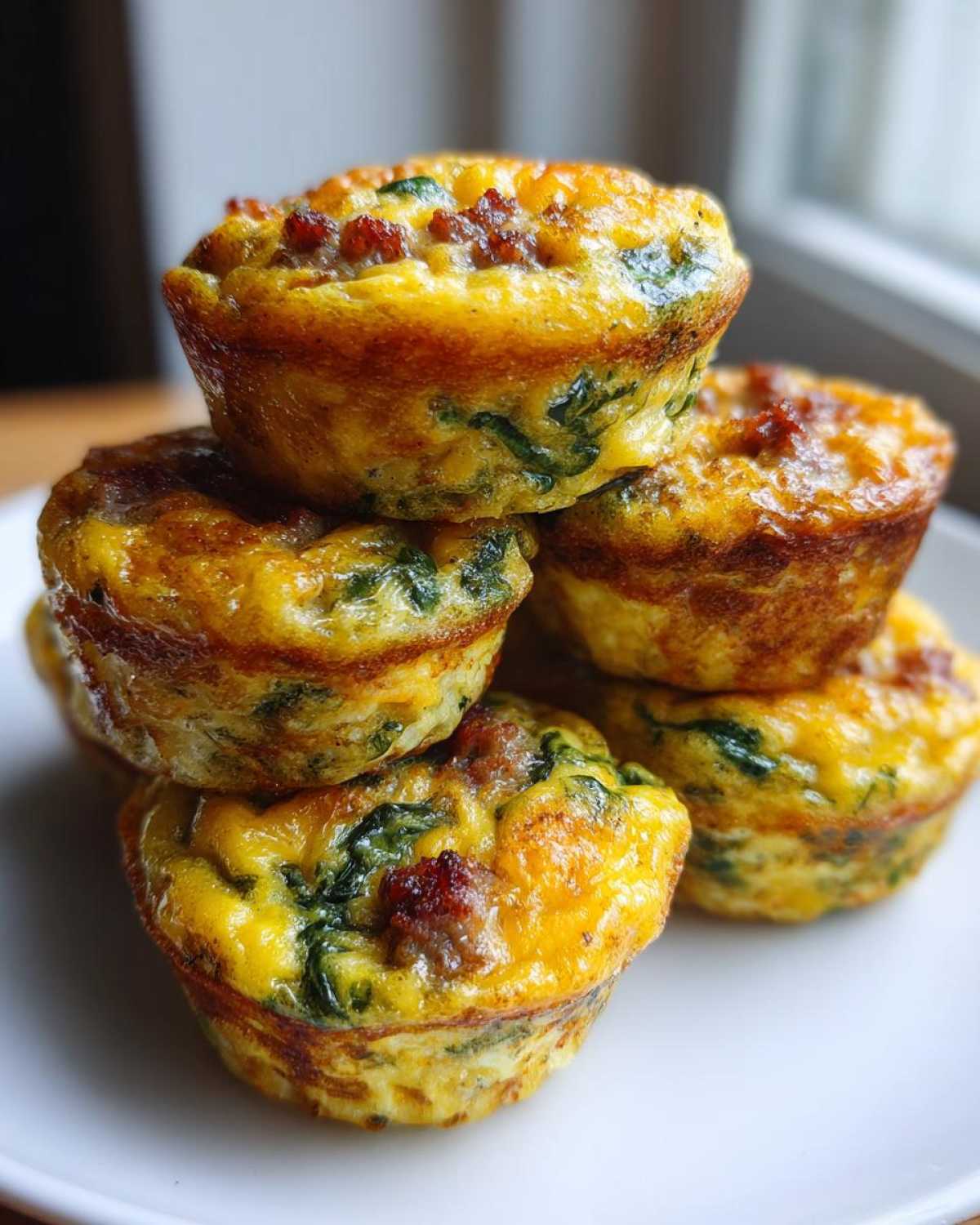 A close-up stack of five golden-brown Egg Muffin Cups filled with visible sausage crumbles and green spinach.