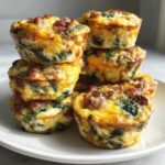 A stack of freshly baked, golden-brown Egg Muffin Cups filled with sausage and green spinach on a white plate.