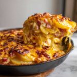 A spoonful of cheesy scalloped potatoes and ham being lifted from a skillet, showing melted cheese strings.