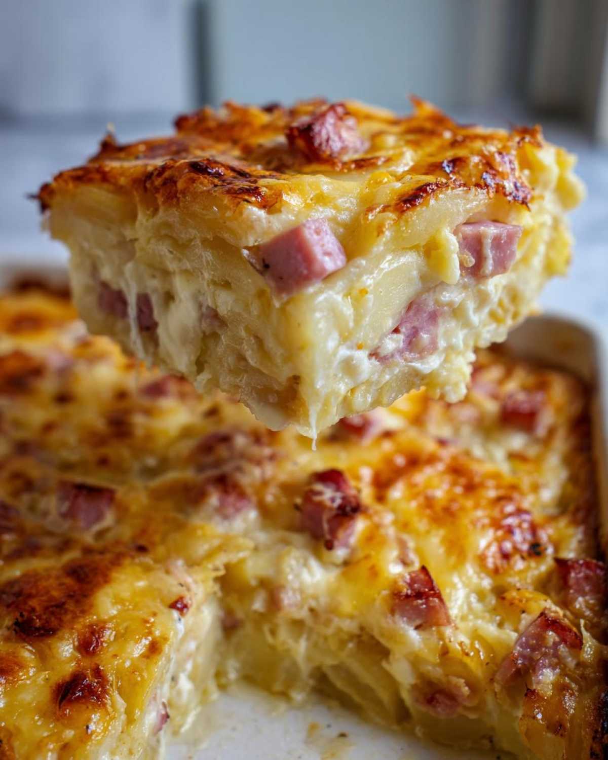 A close-up shot showing a lifted slice of creamy scalloped potatoes and ham with a golden-brown cheesy crust.