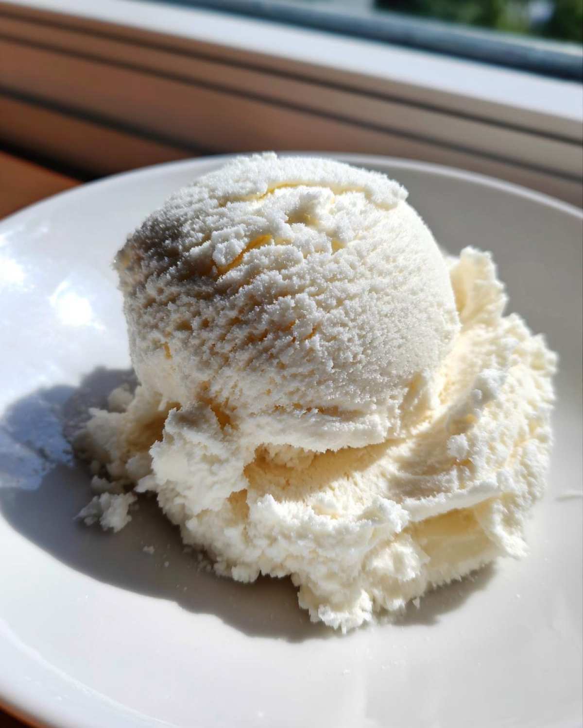A close-up of a creamy scoop of vanilla protein ice cream served on a white plate, highlighted by bright sunlight.