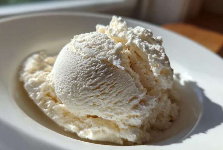 Close-up of a perfectly scooped serving of vanilla-colored protein ice cream in a white bowl, highlighted by sunlight.