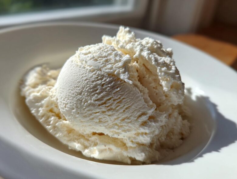 Close-up of a perfectly scooped serving of vanilla-colored protein ice cream in a white bowl, highlighted by sunlight.