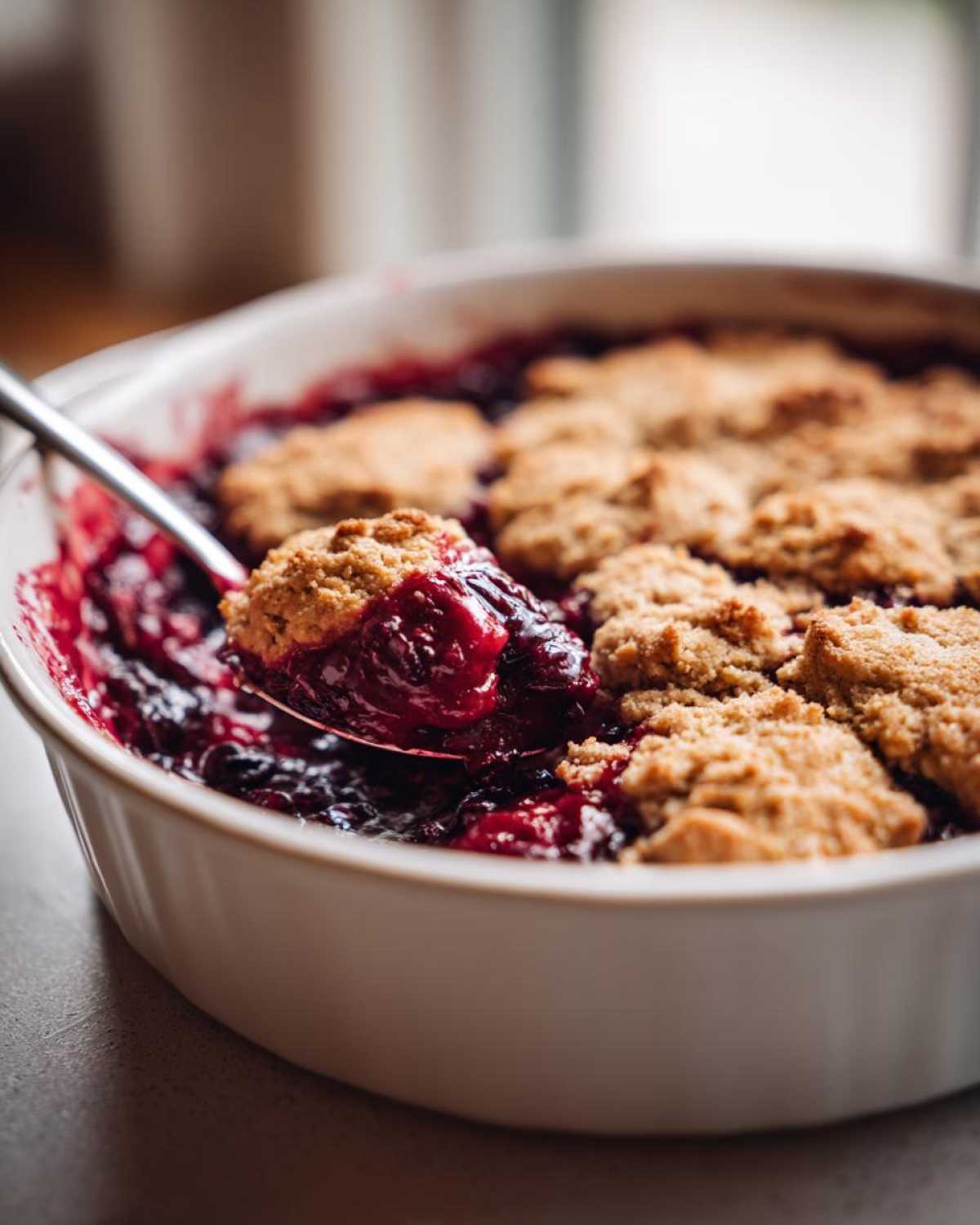 A spoonful of warm berry cobbler being lifted from a white baking dish, showing juicy fruit and crumbly topping.