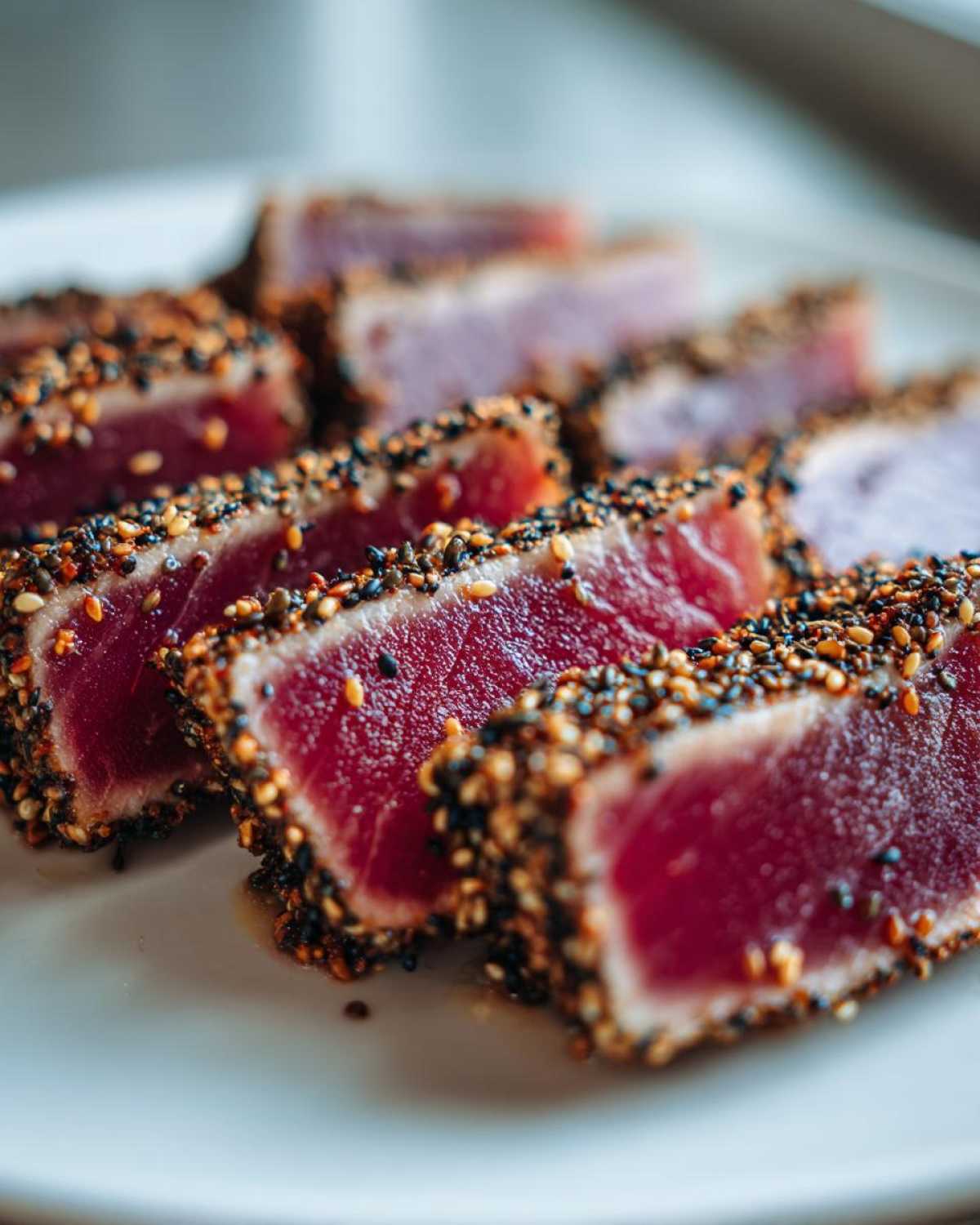 Close-up of perfectly seared Ahi Tuna slices showing a deep red interior and a thick sesame seed crust.