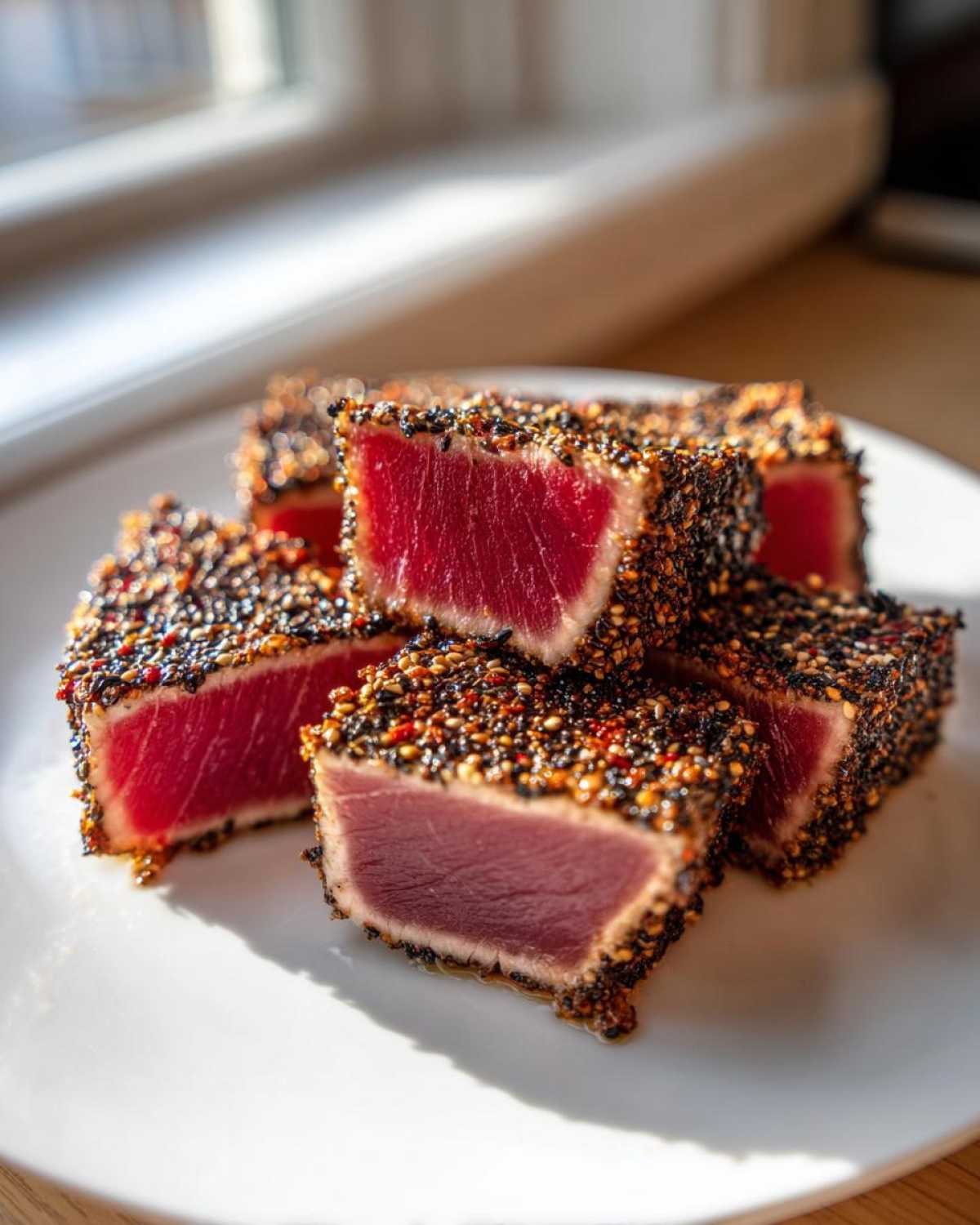 Slices of perfectly seared ahi tuna with a dark sesame seed crust showing a rare, deep red center.