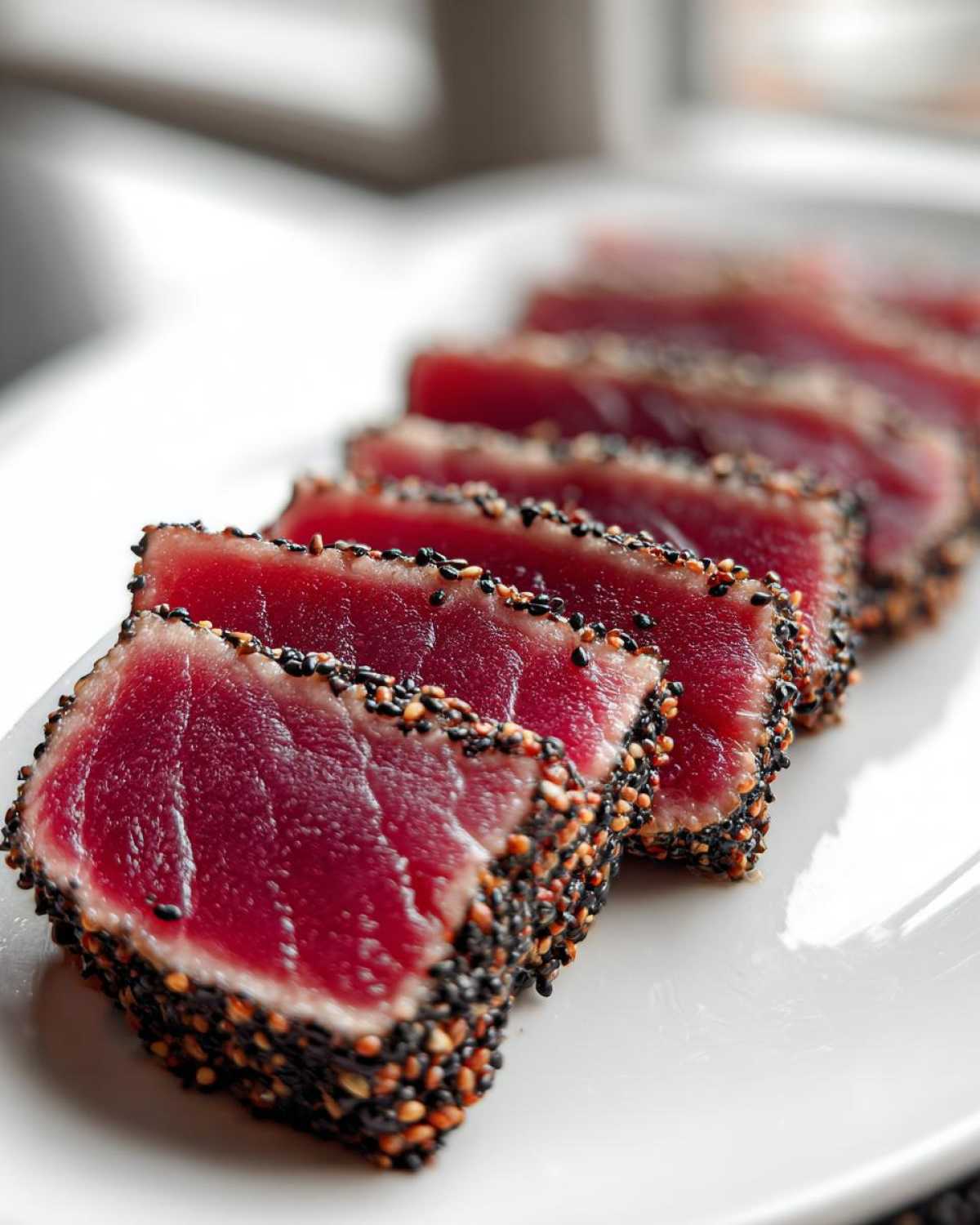 Close-up of perfectly seared ahi tuna slices showing a dark crust and bright red, raw center.
