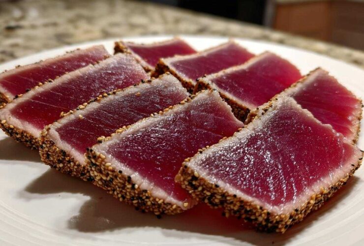 Slices of perfectly seared ahi tuna displaying a deep red center and a thick sesame seed crust on a white plate.