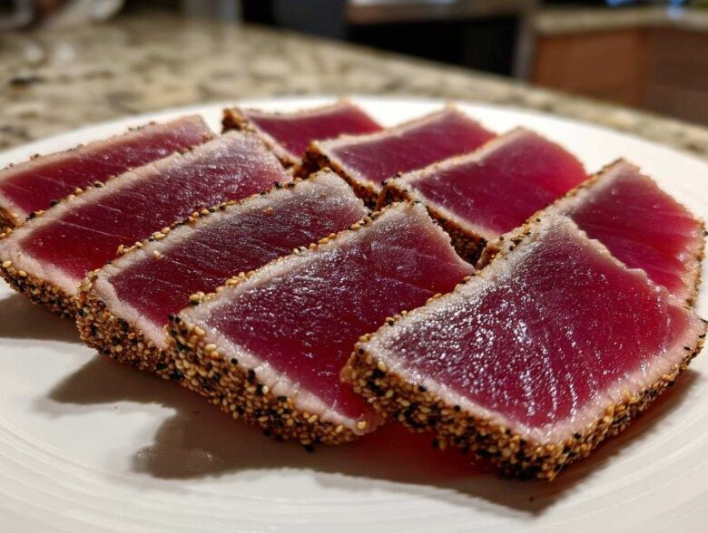 Slices of perfectly seared ahi tuna displaying a deep red center and a thick sesame seed crust on a white plate.
