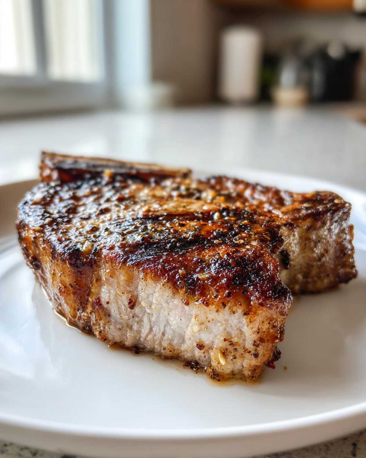 Close-up of a thick, juicy pork chop showing a dark, caramelized crust from searing after using the marinade for pork chops.