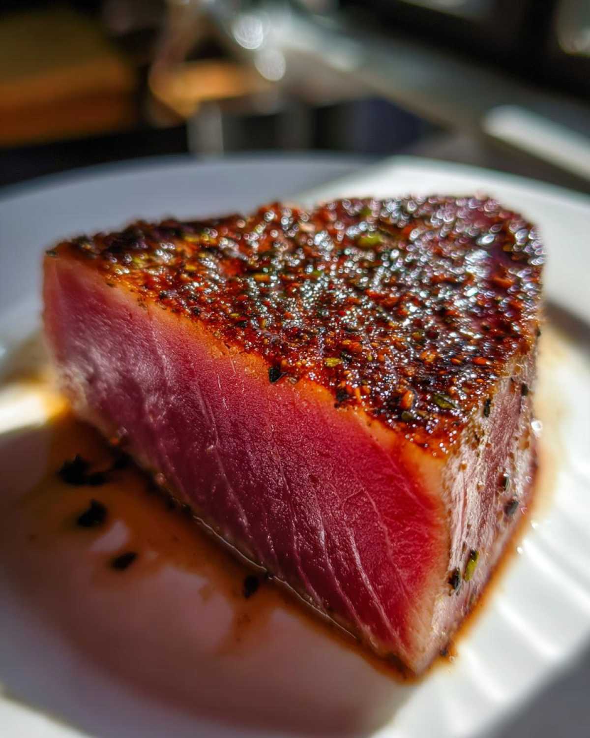 Close-up of a perfectly seared tuna steak showing a vibrant red interior and a dark, seasoned crust from the MARINADE FOR TUNA STEAK.