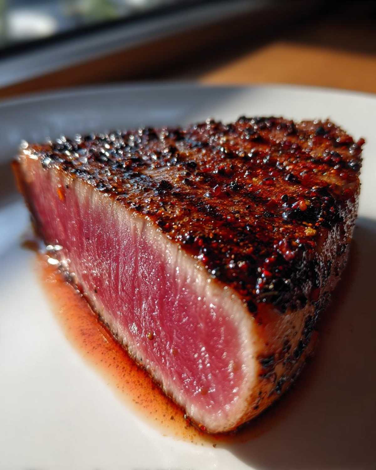 Close-up of a perfectly seared tuna steak, rare in the center, coated in a dark spice rub, demonstrating the result of a great MARINADE FOR TUNA STEAK.