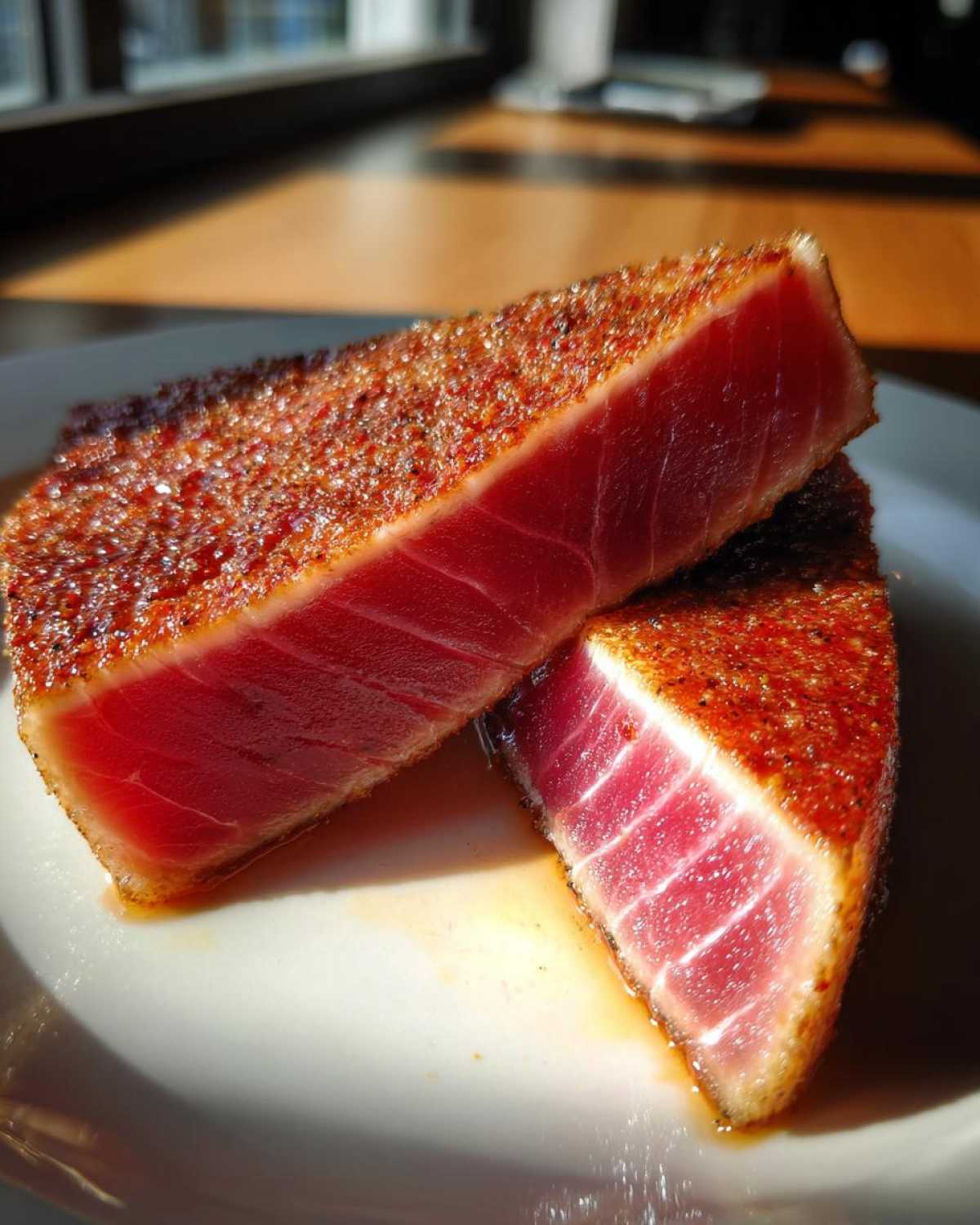 Two thick slices of seared tuna steak showing a bright red interior, seasoned with a spice rub, perfect for a MARINADE FOR TUNA STEAK.