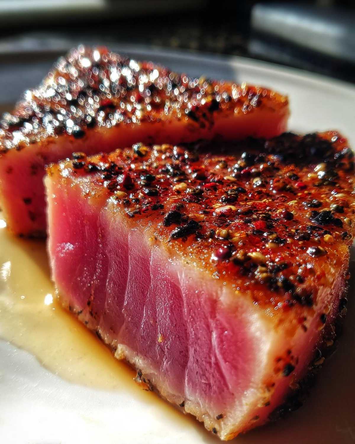 Close-up of two perfectly seared tuna steak pieces showing a bright pink center and a heavy spice rub crust, ready after using the MARINADE FOR TUNA STEAK.