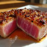 Two perfectly seared tuna steak pieces showing a rare pink center, coated in a spicy marinade.