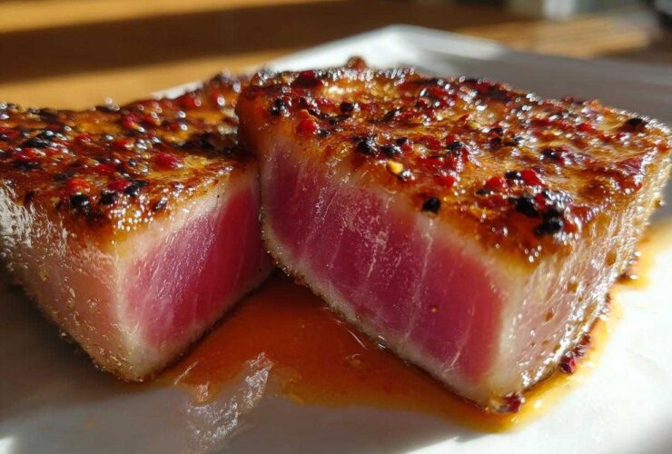 Two perfectly seared tuna steak pieces showing a rare pink center, coated in a spicy marinade.