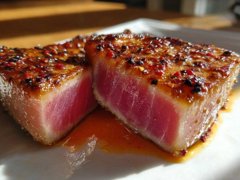 Two perfectly seared tuna steak pieces showing a rare pink center, coated in a spicy marinade.