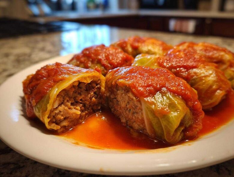 Close-up of several cabbage rolls topped with bright red tomato sauce, one cut open showing the meat and rice filling.