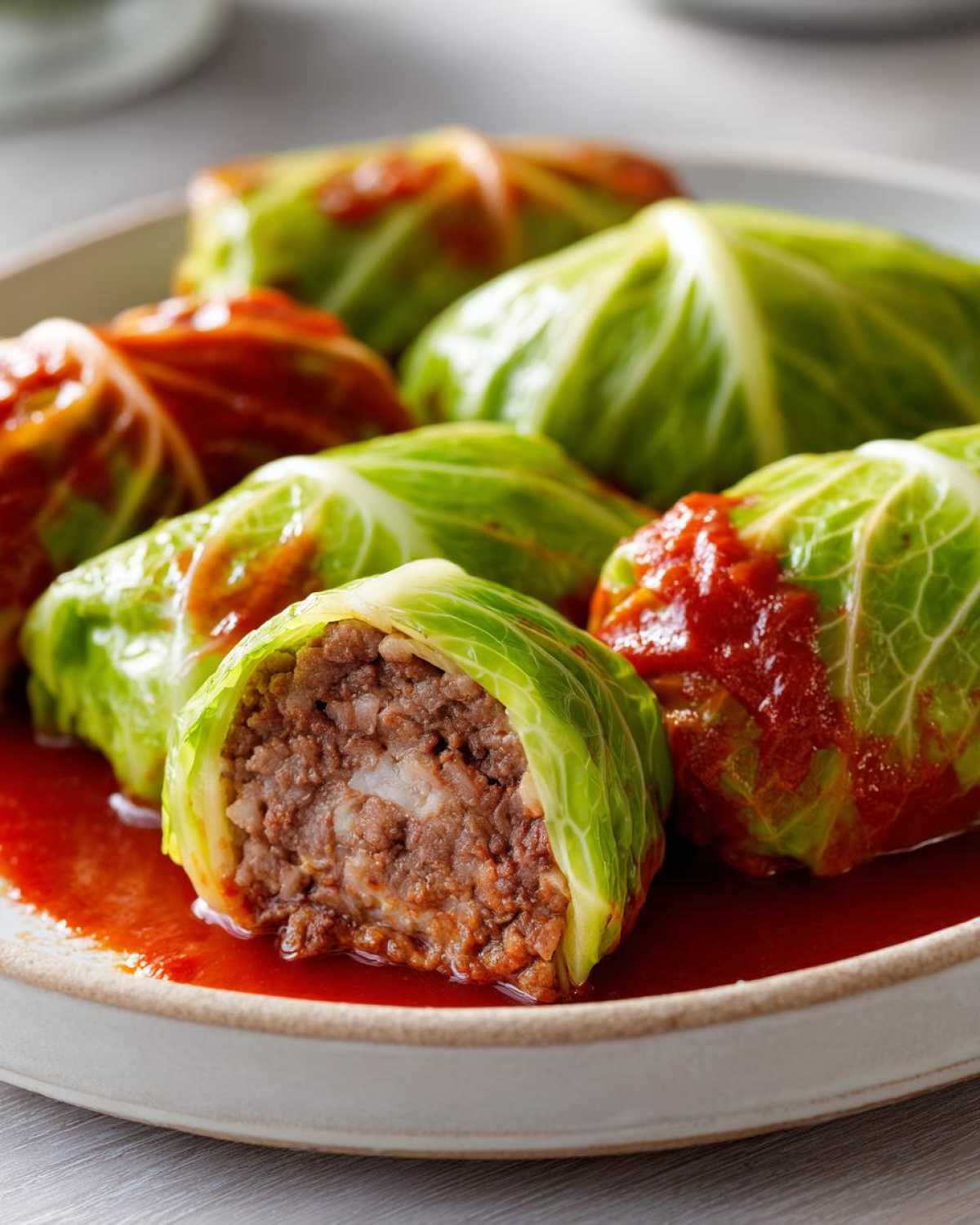 Close-up of several cabbage rolls, one cut open showing the savory meat filling, served in a bright red tomato sauce.